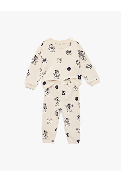 Koton Baskılı Uzun Kollu Bisiklet Yaka Pamuklu Eşofman Takımı