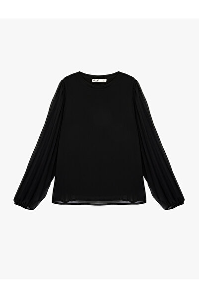 Koton Long Sleeve Pleated Detailed Crew Neck Chiffon Blouse