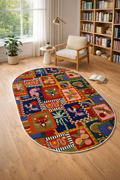 Nihai Ev Dijital Kaymaz Yıkanabilir Oval Tiger Patchwork Salon Halısı Mutfak ...