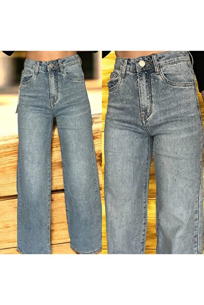 DENRA Blue wide leg jeans with pebbles