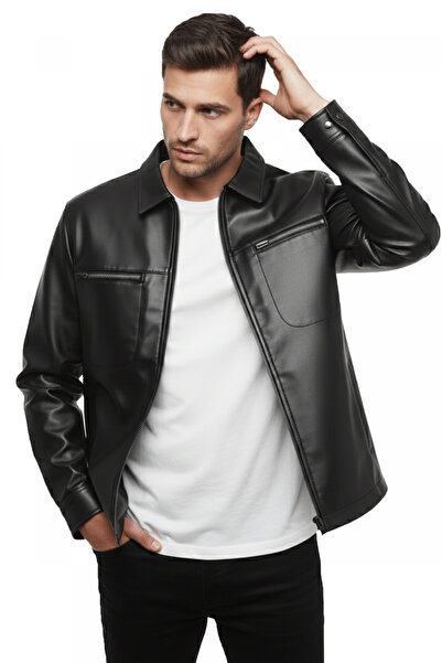 Rizz up Black Comfortable Fit Men's Faux Leather Jacket / Coat – Shirt Collar...