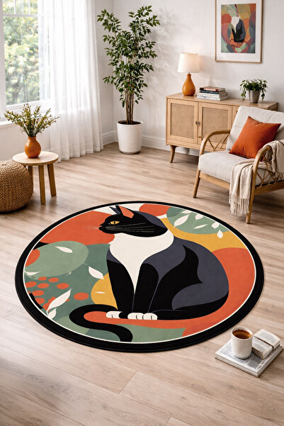 Nihai Ev Dijital Kaymaz Yıkanabilir Yuvarlak Kedi Renkli Salon Halısı Mutfak ...