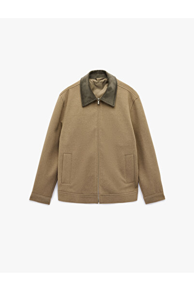 Koton Палто от вълна с дълъг ръкав, джобове, ребрист яка и цип