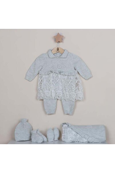 Generic Mini Gentle Girls' Knitted Romper Set - 5 Pieces - 0-3 Months - Grey