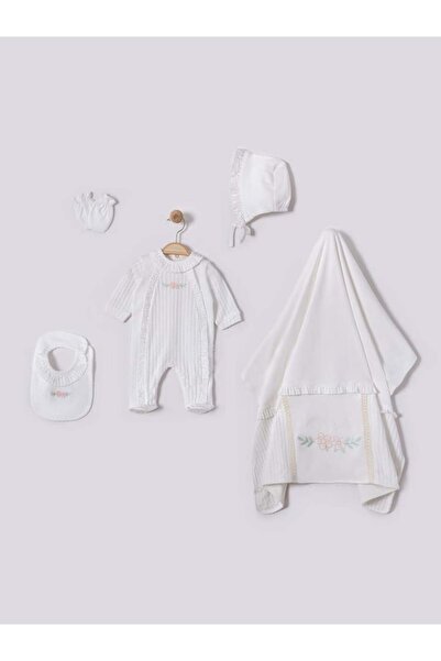 Generic طقم مواليد بناتي 5 قطع قطن - اوف وايت