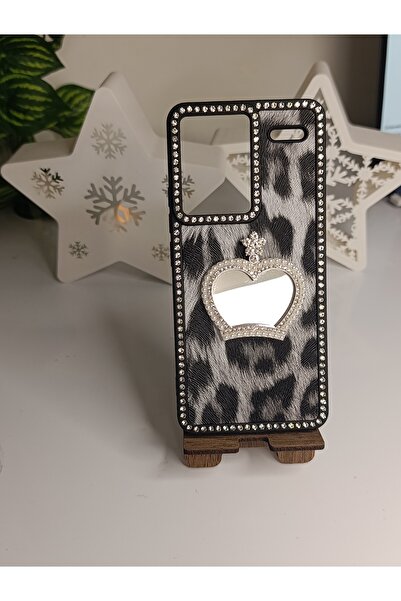 AKSESUARIM Redmi Note 13 Pro Plus Uyumlu Gri Leopar Desenli Taşlı ve Taç Ayna...