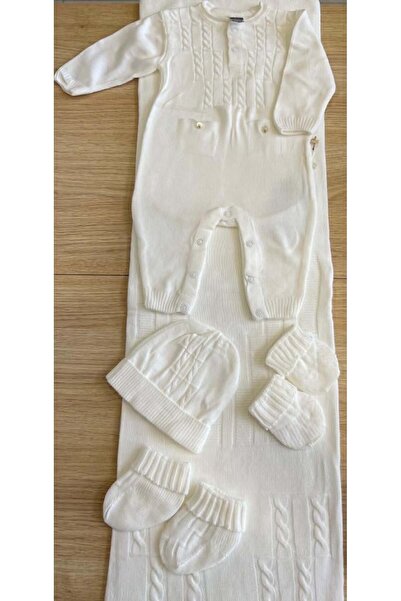 Generic طقم مجموعة تريكو بناتي 5 قطع من عمر 0 الى 3 اشهر - اوف وايت