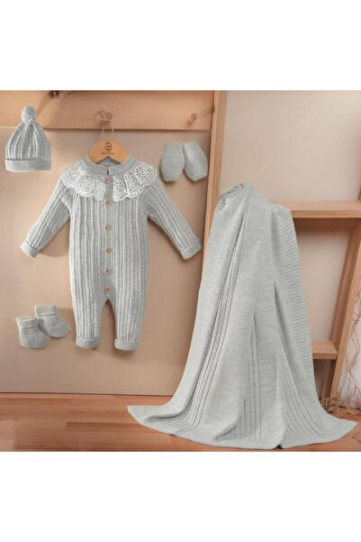 Generic Mini Gentle Girls' Acrylic Knit Set - 5 Pieces - 0-3 Months - Grey