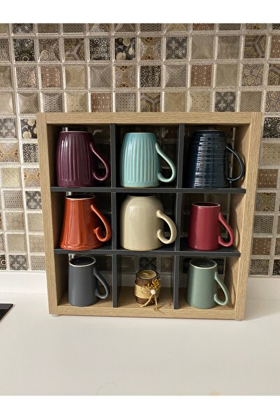 ediz ahşap %100 mdf dekoratif 9 gözlü mutfak kahve köşesi fincan rafı düzenle...