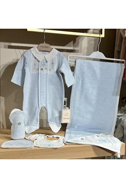 Generic طقم مواليد ولادي6 قطع – ستايل أوروبي (0-3 شهور) رمادي - ازرق