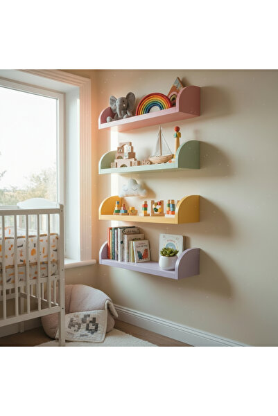 WoodArtDesign Pastel Renkli Çocuk Odası Duvar Rafı – Oyuncak ve Kitap Rafı (M...