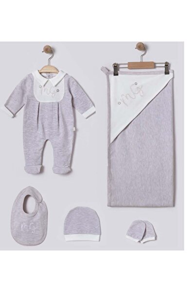 Generic طقم مواليد ولادي 5 قطع من عمر صفر الى ثلاث اشهر - رمادي وبيج