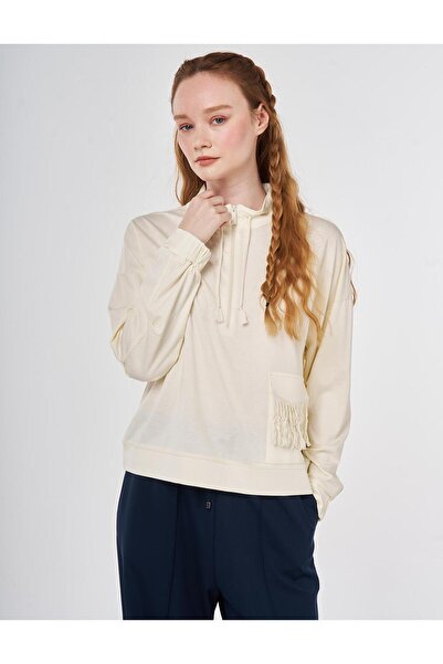 Kayra Hanorac din modal cu detalii cu ciucuri, Ecru