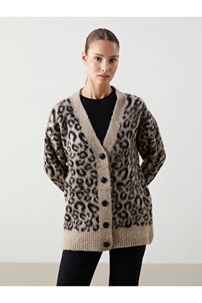LC Waikiki Peak New Season V-Neck Leopard Patterned Women's Knitwear Cardigan