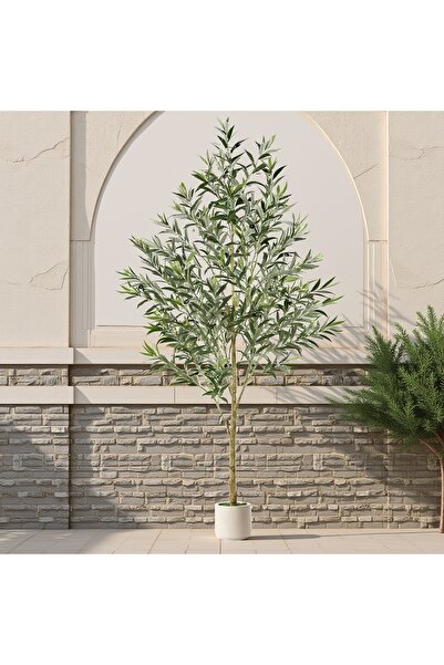 SCHENKERO شجرة زيتون صناعية بطول 212 سم، جذع خشبي + ثمار صناعية، وعاء أبيض، د...