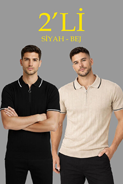 LUMİART Men's 2-Pack Woven Knitwear Zippered Collar Ribbed Short Sleeve Regul...
