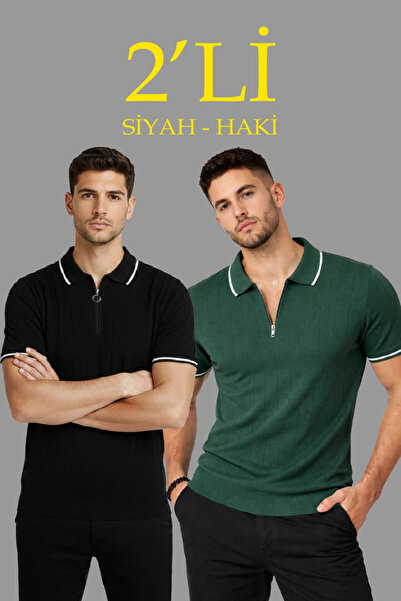 LUMİART Men's 2-Pack Woven Knitwear Zippered Collar Ribbed Short Sleeve Regul...