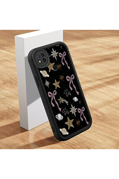 PATTERNOVA Redmi 9C Uyumlu Lüks Yıldız Ay Desenli Siyah Kılıf Silikon Çizilme...