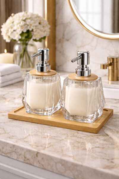 Dia Liquid Soap Dispenser Set of 2 with Wooden Stand Crystal Acrylic Liquid S...