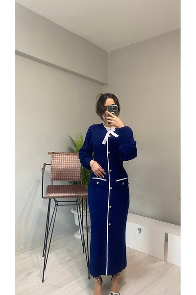 Butik Kadın triko fiyonk ve düğme detaylı şık elbise(S,M uyumlu dar kalıp )