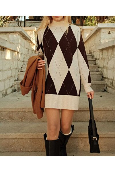 CuteLovesa Hakim Yaka Çift Renk Baklava Desen Rahat Kalıp Kadın Triko Kazak-T...