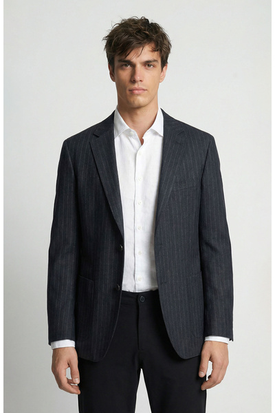 Network Koyu Lacivert Çizgili Çift Yırtmaç Örme Ceket