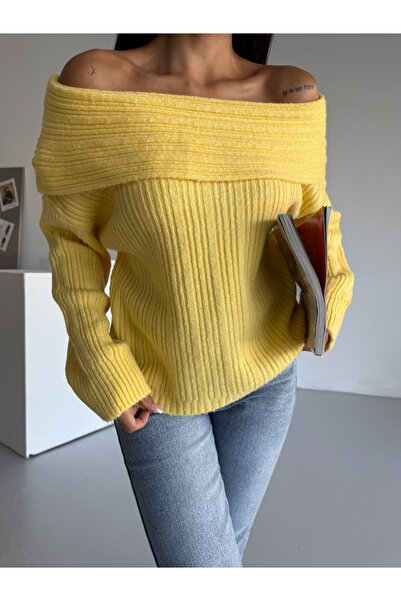 CuteLovesa Degaje Madonna Yaka Şardonlu Rahat Kalıp Kadın Triko Kazak