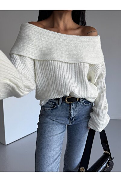 CuteLovesa Degaje Madonna Yaka Şardonlu Rahat Kalıp Kadın Triko Kazak