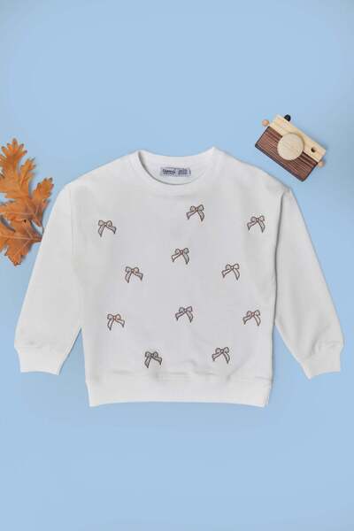 Fulla Moda Bowknot Embroidered Stoned Girls' Sweatshirt