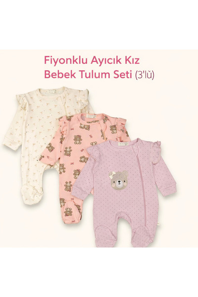 By Murat Ayıcık Desenli Fırfırlı Kız Bebek Tulum Seti (3’lü