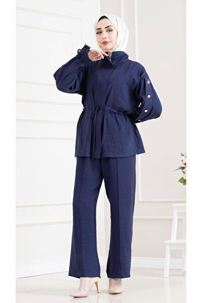 Sevitli Tunnel Detailed Sleeve Buttoned Double Hijab Set-Dark Blue