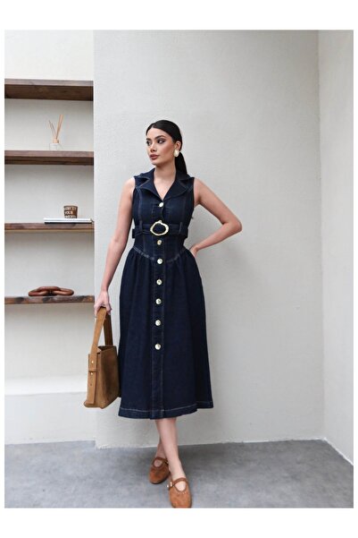 ESRAHELVACI Zero Sleeve Belted Denim Dress
