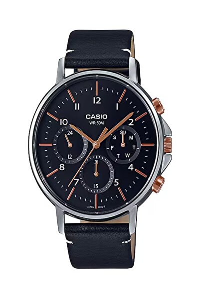 Casio ساعة كرونوغراف رجالية سوداء بسوار جلدي - MTP-E321L-1AVDF (أسود)
