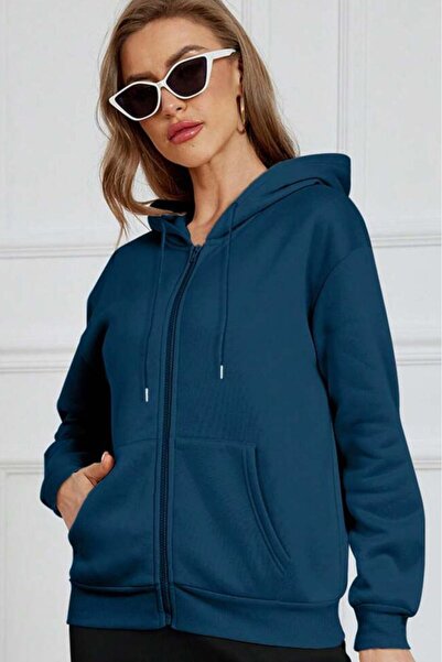 CAST COLLECTİON سترة نسائية بقلنسوة وسحاب باللون الأزرق البترولي