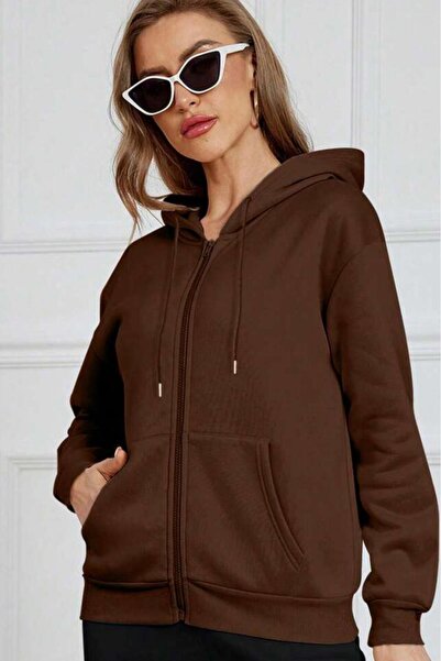 CAST COLLECTİON Women's Brown Zippered Hooded Cardigan Jacket