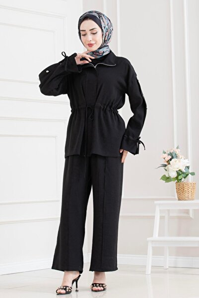 Sevitli Tunnel Detailed Sleeve Buttoned Double Hijab Set-Black