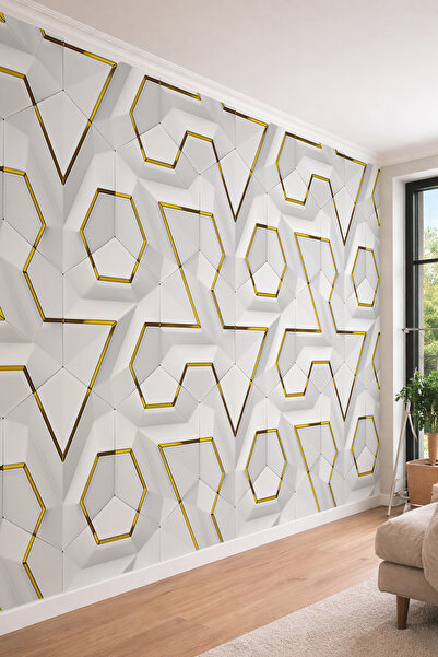dreamwall Beyaz-Altın 3D Geometrik Prizma Desenli Lüks Tek Parça Tekstil Duva...