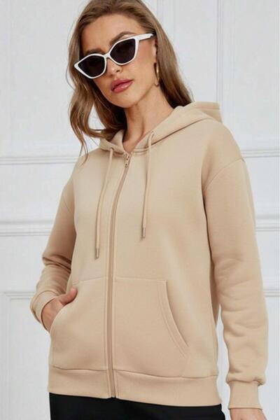CAST COLLECTİON Women's Beige Zippered Hooded Cardigan Jacket