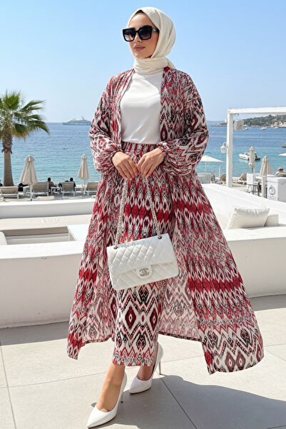N.S NEVA STYLE Patterned Red Hijab Double Kimono Set 12887K