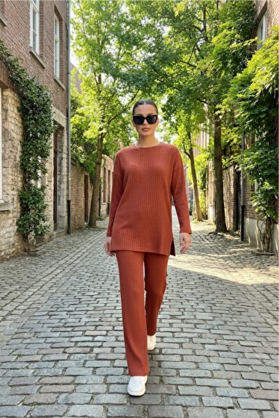 EYYE Cotton Ribbed Women's Blouse Trousers Double Set