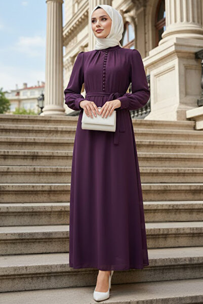 N.S NEVA STYLE Button Detailed Light Plum Hijab Dress 2703Amu