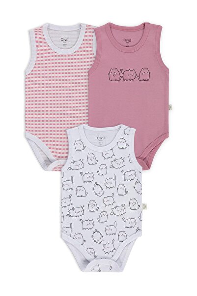 Civil Baby Kedi Empirmeli 3 Lü 0-36 Ay Çıtçıtlı Badi - Beyaz