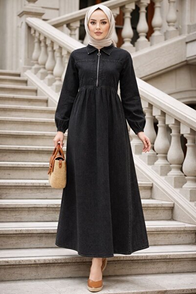 N.S NEVA STYLE Μαύρο τζιν φόρεμα χιτζάμπ με λεπτομέρεια στην τσέπη 19152S