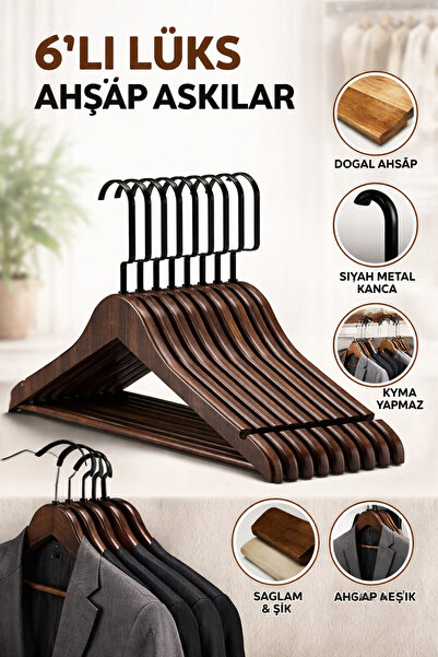 ÖZKAHRA TEKSTİL Ξύλινες κρεμάστρες ρούχων Σετ 6 τεμαχίων Μαύροι γάντζοι από ξ...