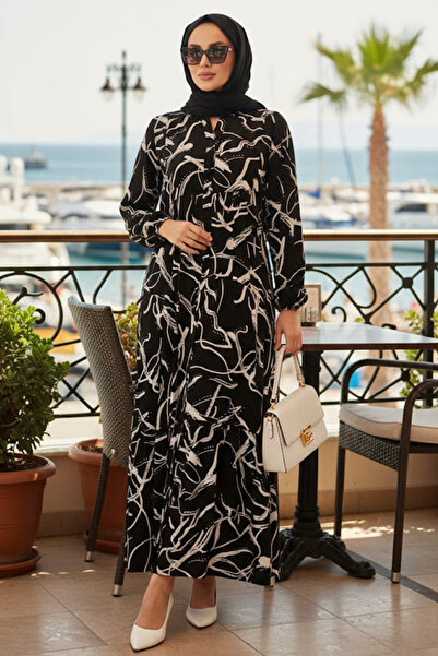 N.S NEVA STYLE Μαύρο Φόρεμα Τεσεττούρ με Σχέδια 30247S