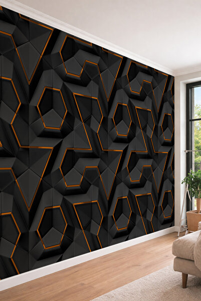 dreamwall 3D Görünümlü Siyah ve Bakır Detaylı Geometrik Panel Tasarımlı Tekst...