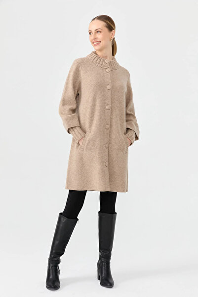 Desen Triko Women's Stand Collar Basic Long Wool Coat 24045 Beige
