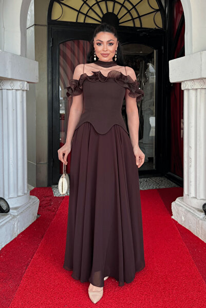 giyimmasalı Üst Atlas Kumaş Alt Şifon Şal Detaylı Elbise - KAHVERENGİ