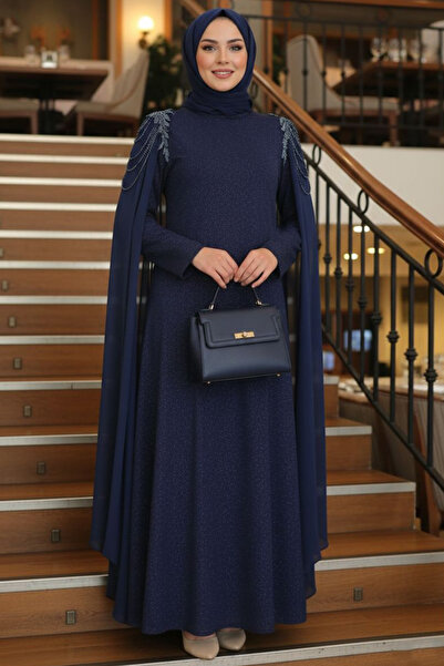 N.S NEVA STYLE Pelerinli Lacivert Tesettür Abiye Elbise 4624L