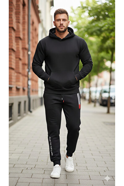 Pomaxi Men's black sweatpants with red details, white stripes and "PLAY TO TH...